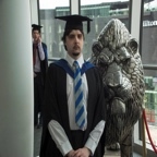 At my university graduation at Wembley Stadium with lion statue 2014